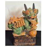 Pair of Vintage Chinese Sancai Style Foo Dog Ceramic Figurines / Pair of Chinese Glazed Ceramic Dragon Roof Tiles