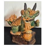 Pair of Vintage Chinese Sancai Style Foo Dog Ceramic Figurines / Pair of Chinese Glazed Ceramic Dragon Roof Tiles