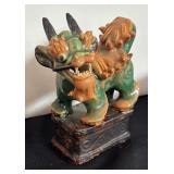 Pair of Vintage Chinese Sancai Style Foo Dog Ceramic Figurines / Pair of Chinese Glazed Ceramic Dragon Roof Tiles