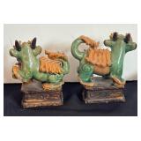 Pair of Vintage Chinese Sancai Style Foo Dog Ceramic Figurines / Pair of Chinese Glazed Ceramic Dragon Roof Tiles