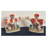 Pair of Antique Staffordshire Flatback Cow and Milk Maid Vases, 8.5 Inch