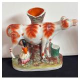 Pair of Antique Staffordshire Flatback Cow and Milk Maid Vases, 8.5 Inch