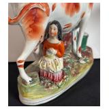Pair of Antique Staffordshire Flatback Cow and Milk Maid Vases, 8.5 Inch