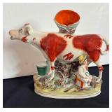 Pair of Antique Staffordshire Flatback Cow and Milk Maid Vases, 8.5 Inch