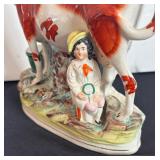 Pair of Antique Staffordshire Flatback Cow and Milk Maid Vases, 8.5 Inch