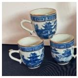 Set of 6 Blue and White Porcelain Teacups with Asian Motif
