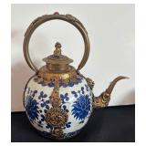 Antique Chinese / Tibetan Mounted Porcelain Teapot with Brass Accents