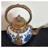 Antique Chinese / Tibetan Mounted Porcelain Teapot with Brass Accents
