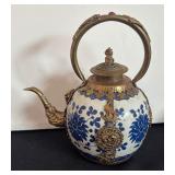Antique Chinese / Tibetan Mounted Porcelain Teapot with Brass Accents