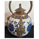 Antique Chinese / Tibetan Mounted Porcelain Teapot with Brass Accents