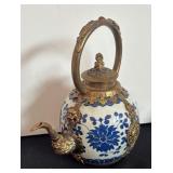 Antique Chinese / Tibetan Mounted Porcelain Teapot with Brass Accents
