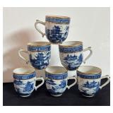 Set of 6 Blue and White Porcelain Teacups with Asian Motif