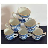 Set of 6 Blue and White Porcelain Teacups with Asian Motif