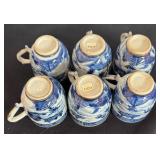 Set of 6 Blue and White Porcelain Teacups with Asian Motif
