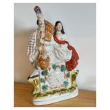 Vintage 15-Inch Staffordshire-Style Pottery Figurine with Highland Couple and Clock Face