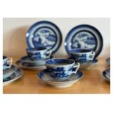 Vintage Mottahedah Blue Canton Coffee Cups, Saucers, and Cake Plates Set of 6