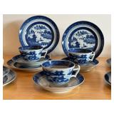 Vintage Mottahedah Blue Canton Coffee Cups, Saucers, and Cake Plates Set of 6