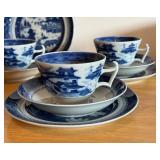 Vintage Mottahedah Blue Canton Coffee Cups, Saucers, and Cake Plates Set of 6