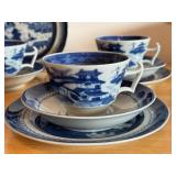 Vintage Mottahedah Blue Canton Coffee Cups, Saucers, and Cake Plates Set of 6