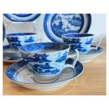 Mottahedah Blue Canton Set with 6 Cake Plates, Saucers and Coffee Cups