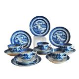 Mottahedah Blue Canton Set with 6 Cake Plates, Saucers and Coffee Cups
