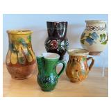 Set of 5 Vintage Hand-Painted Pottery Jugs and Pitchers including Redware