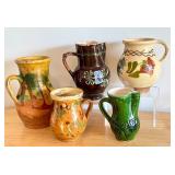 Set of 5 Vintage Hand-Painted Pottery Jugs and Pitchers including Redware