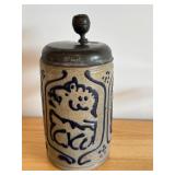 Vintage German Stoneware Beer Stein with Pewter Lid, 10 Inch
