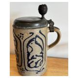 Vintage German Stoneware Beer Stein with Pewter Lid, 10 Inch