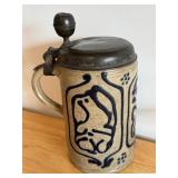 Vintage German Stoneware Beer Stein with Pewter Lid, 10 Inch
