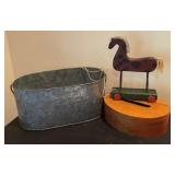 Bent Wood Box, Metal Bin and Horse Decor