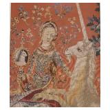 "The Lady and the Unicorn" Framed Antique Needlepoint Tapestry