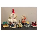 Vintage Cardboard Village Houses and Antique Folk Art Santa Figurines