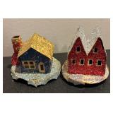 Vintage Cardboard Village Houses and Antique Folk Art Santa Figurines