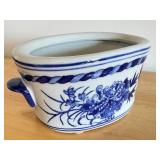 Blue and White Porcelain Planter with Floral Design, 10 Inch