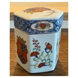 Vintage Hexagonal Porcelain Lidded Jar with Floral and Crest Motif, 6.25 Inches Tall