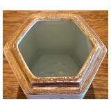 Vintage Hexagonal Porcelain Lidded Jar with Floral and Crest Motif, 6.25 Inches Tall