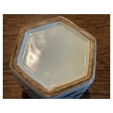 Vintage Hexagonal Porcelain Lidded Jar with Floral and Crest Motif, 6.25 Inches Tall