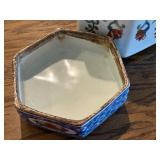 Vintage Hexagonal Porcelain Lidded Jar with Floral and Crest Motif, 6.25 Inches Tall