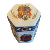 Vintage Hexagonal Porcelain Lidded Jar with Floral and Crest Motif, 6.25 Inches Tall