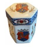 Vintage Hexagonal Porcelain Lidded Jar with Floral and Crest Motif, 6.25 Inches Tall