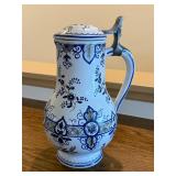 Hand Painted French Ceramic Beer Stein with Lid, 9.5 Inches Tall