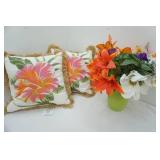 Throw Pillows, Artificial Flowers & Glass Vase Throw Pillows, Artificial Flowers & Glass Vase