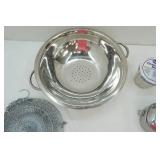 Large Metal Colander, Wire Hanging Basket, Tin with Lid & Cranberry Mold Jar Large Metal Colander, Wire Hanging Basket, Tin with Lid & Cranberry Mold Jar