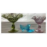 Vintage Fenton Collection - Colonial Pink Thumbprint Footed Compote 6" Wide , Green Thumbprint Ruffled Compote 8" Wide and Hobnail Blue Cat Head Shoe
