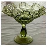 Vintage Fenton Collection - Colonial Pink Thumbprint Footed Compote 6" Wide , Green Thumbprint Ruffled Compote 8" Wide and Hobnail Blue Cat Head Shoe