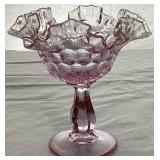 Vintage Fenton Collection - Colonial Pink Thumbprint Footed Compote 6" Wide , Green Thumbprint Ruffled Compote 8" Wide and Hobnail Blue Cat Head Shoe