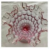 Vintage Fenton Collection - Colonial Pink Thumbprint Footed Compote 6" Wide , Green Thumbprint Ruffled Compote 8" Wide and Hobnail Blue Cat Head Shoe