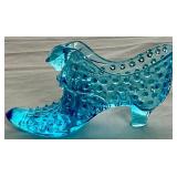 Vintage Fenton Collection - Colonial Pink Thumbprint Footed Compote 6" Wide , Green Thumbprint Ruffled Compote 8" Wide and Hobnail Blue Cat Head Shoe