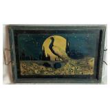 Vintage Art Deco Peacock Over the Moon Reverse Painted Art Cocktail Serving Tray